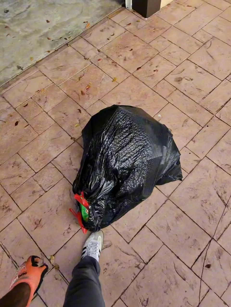 Grabbing a debris bag from a driveway