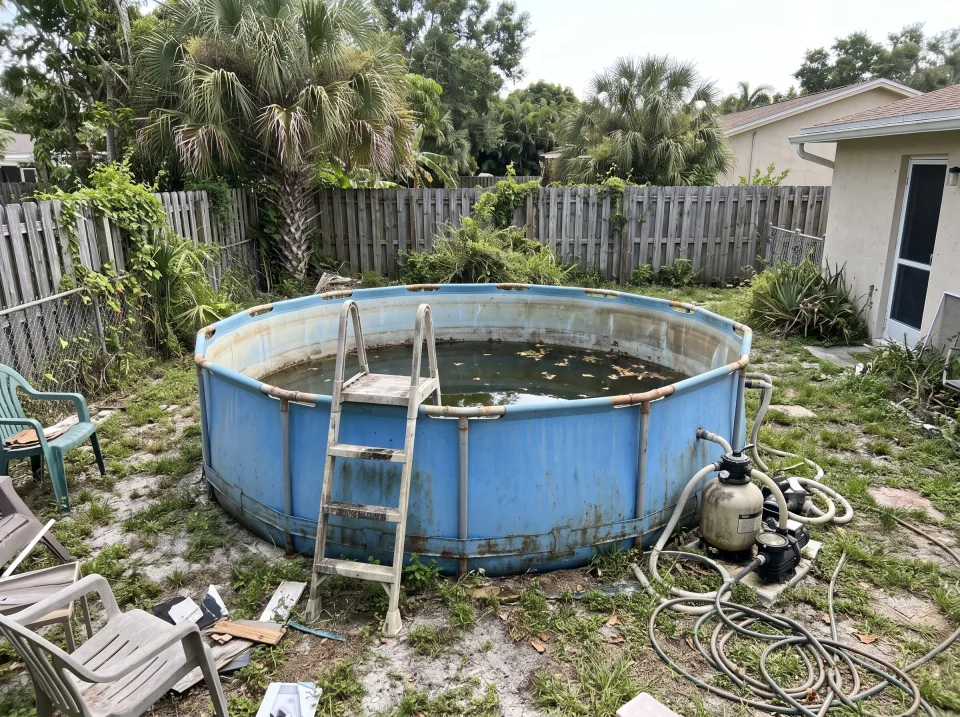 Illustration: an old above-ground swimming pool with a faded blue wall and ladder in a fenced South Florida backyard.