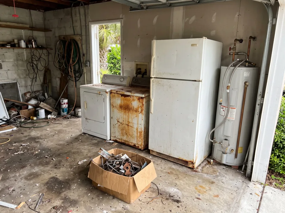 Illustration: an old white refrigerator, a rusted washer and a dryer pushed together in a Florida garage beside the water heater, with a cardboard box of old parts on the floor.