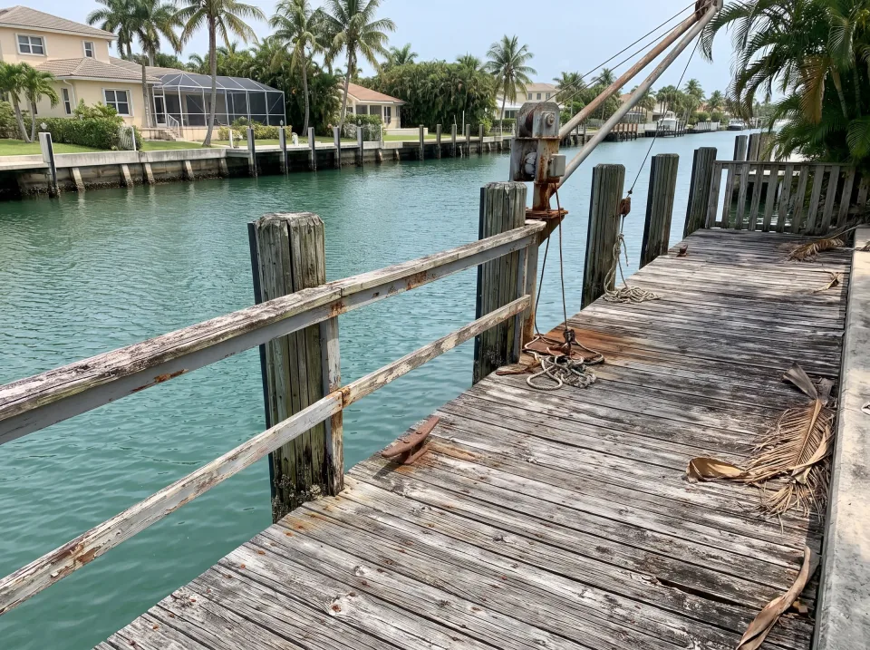 Illustration: a weathered wooden waterfront deck and dock on a Fort Lauderdale canal: gray boards, a worn railing, a boat lift in the background, turquoise water, waterfront homes and palms across the canal.