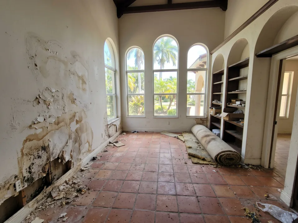 Illustration: a living room in a Mediterranean-style Palm Beach County house with arched windows and terracotta tile: water-damaged drywall on one wall, old built-in shelving and stained carpet rolled in a corner.