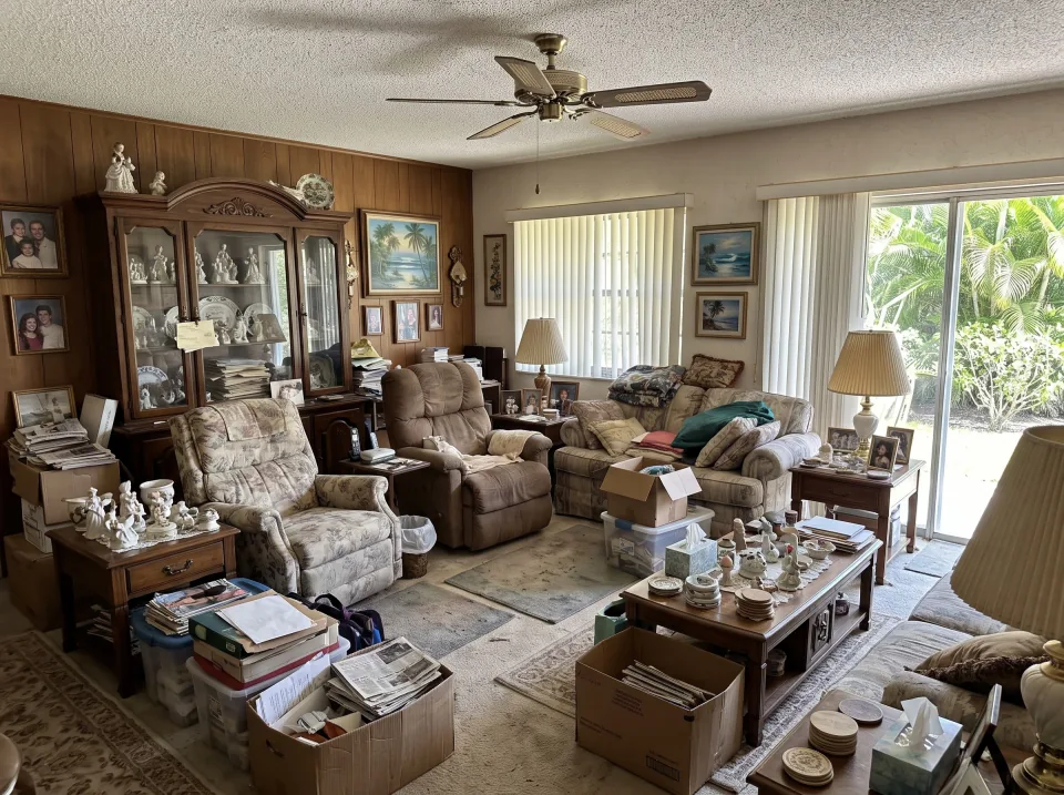 Illustration: a crowded living room in an older South Florida home full of a lifetime of belongings: china cabinet, recliners, side tables covered in knickknacks, framed photos and boxes.
