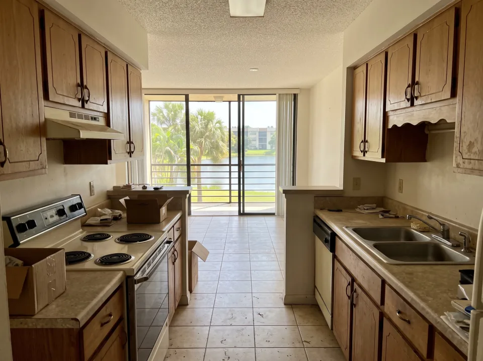 Illustration: a dated kitchen with old wood cabinets, laminate counters and a white stove inside an Aventura garden-style condo unit with a screened balcony looking out on palm trees and a lake, clear midday sun