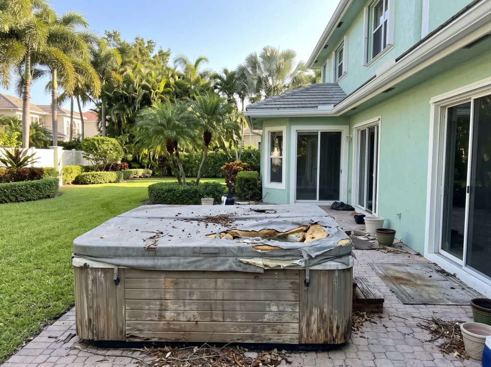Illustration: an old weathered hot tub with a torn cover on the back patio at a mint green two-story home in a Bal Harbour gated community with manicured landscaping, gray shingle roof, bright morning light