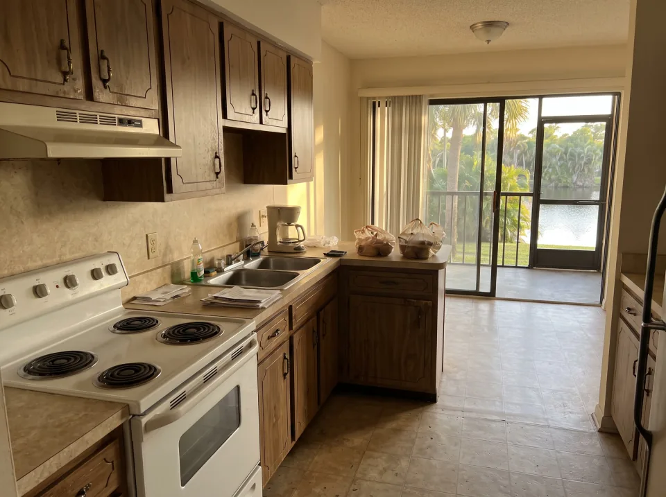 Illustration: a dated kitchen with old wood cabinets, laminate counters and a white stove inside a Bay Harbor Islands garden-style condo unit with a screened balcony looking out on palm trees and a lake, warm late-afternoon light
