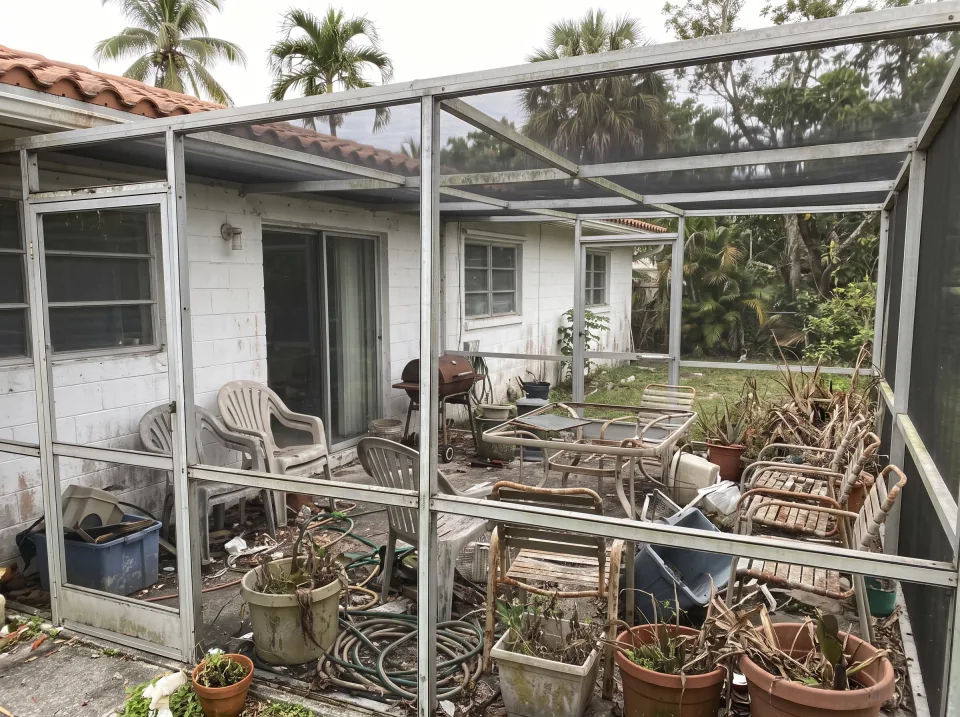 Illustration: a screened patio crowded with faded patio chairs, a broken table, an old grill and planters at a white single-story Biscayne Park concrete block home with a barrel tile roof and palm trees, soft overcast light