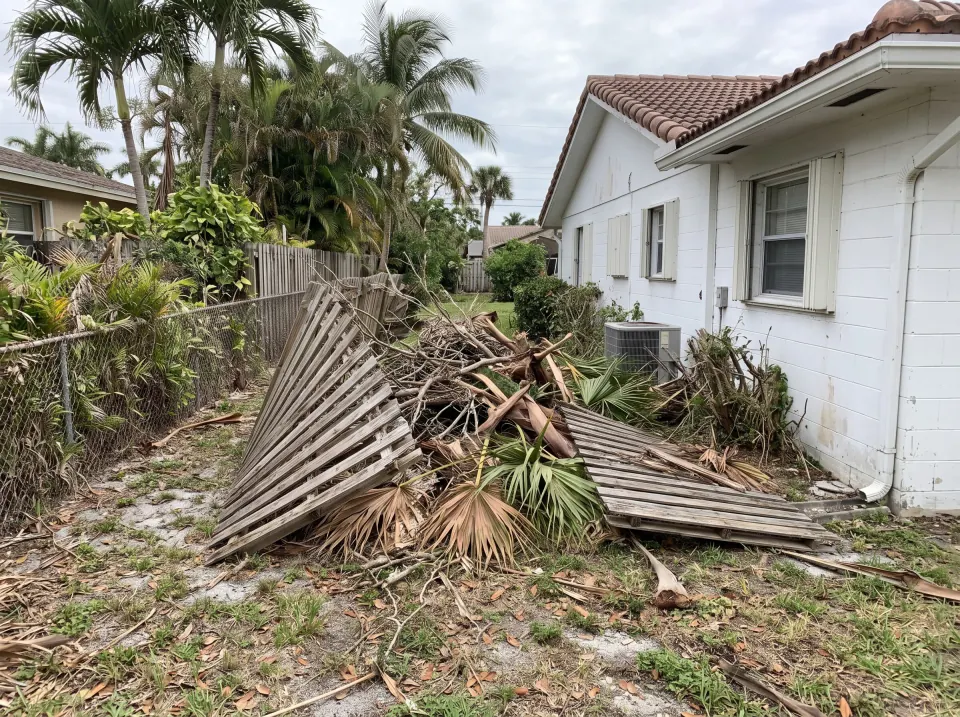 Illustration: a side yard full of storm-fallen branches, palm fronds and an old fence section at a white single-story Boynton Beach concrete block home with a barrel tile roof and palm trees, soft overcast light