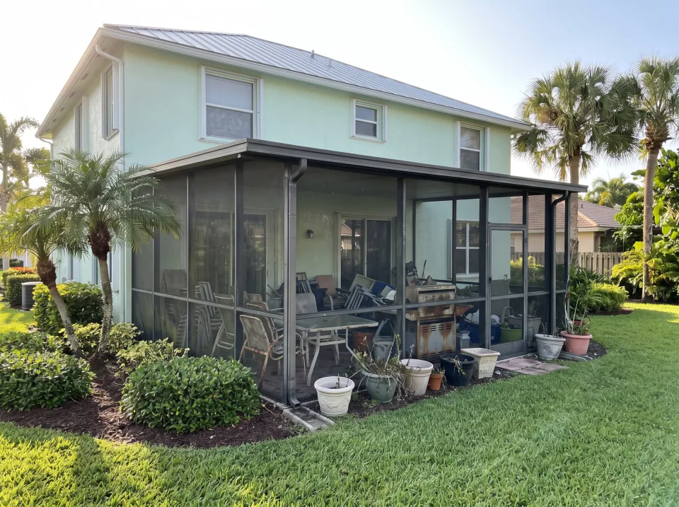 Illustration: a screened patio crowded with faded patio chairs, a broken table, an old grill and planters at a mint green two-story home in a Coconut Creek gated community with manicured landscaping, standing-seam metal roof, bright morning light