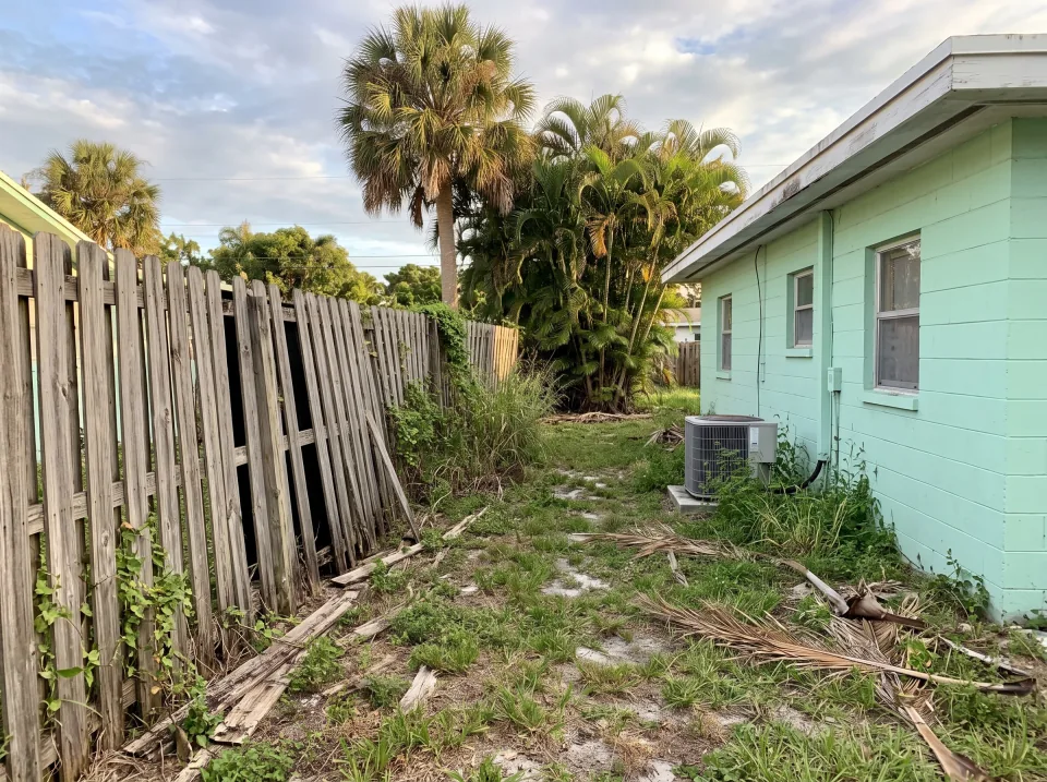 Illustration: a leaning, weathered wooden privacy fence with missing boards along the side yard at a mint green single-story Cooper City concrete block home with a flat white roof and palm trees, warm late-afternoon light