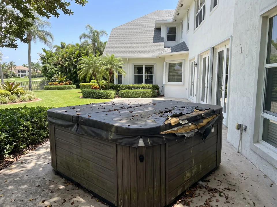 Illustration: an old weathered hot tub with a torn cover on the back patio at a white two-story home in a Country Club gated community with manicured landscaping, gray shingle roof, clear midday sun