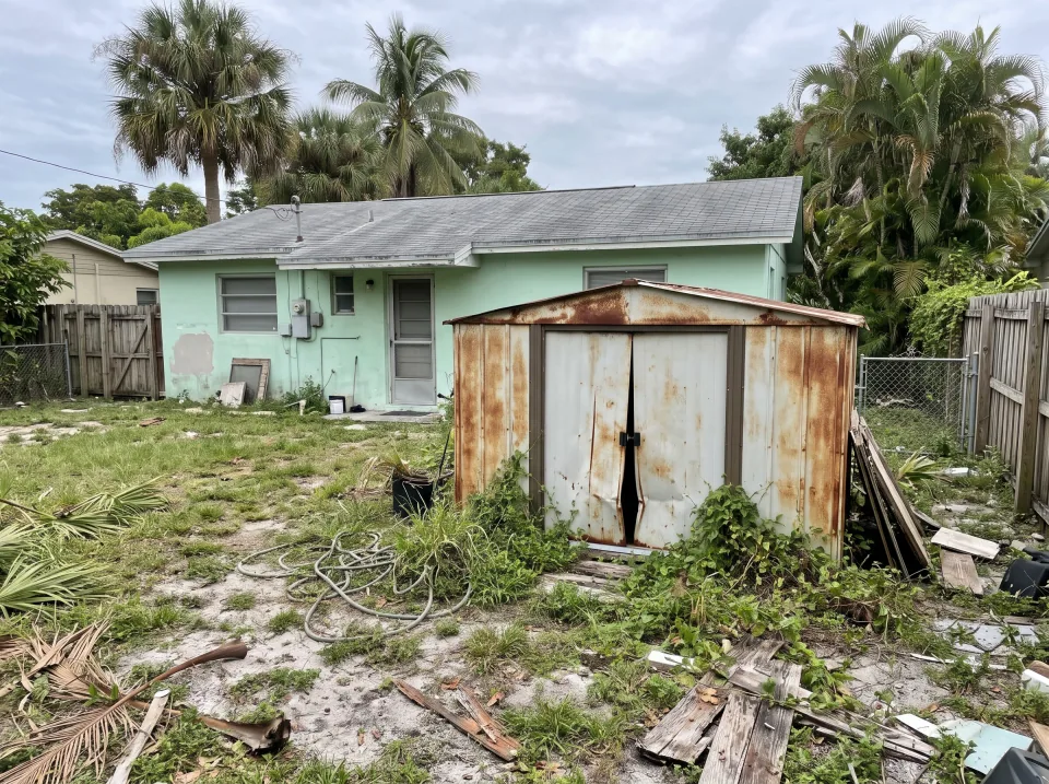 Illustration: a rusted metal garden shed with dented doors in the backyard at a mint green single-story Dania Beach concrete block home with a gray shingle roof and palm trees, soft overcast light