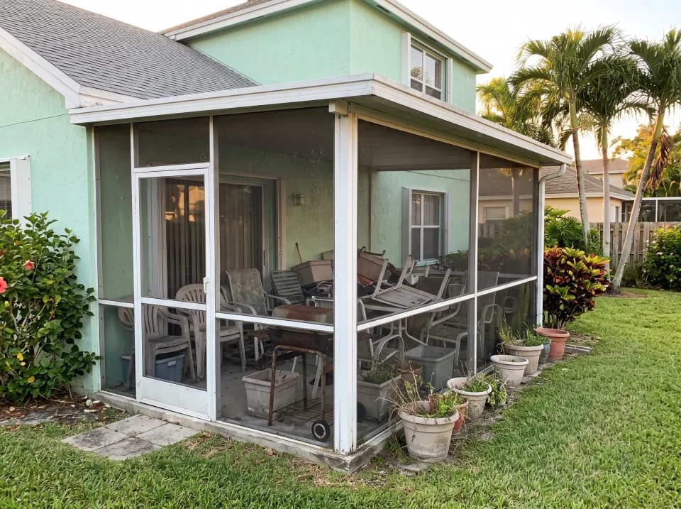 Illustration: a dated 1980s Florida kitchen with oak cabinets, laminate countertops, a white appliance set and tile backsplash, sliding glass door to a screened patio in the background.