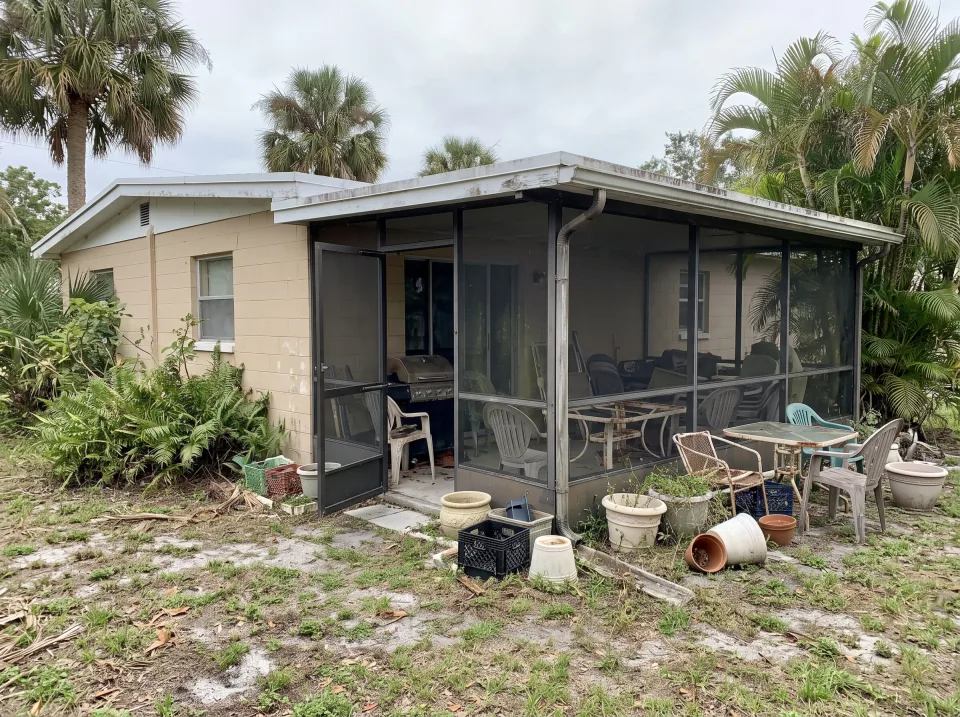 Illustration: a screened patio crowded with faded patio chairs, a broken table, an old grill and planters at a sand beige single-story El Portal concrete block home with a flat white roof and palm trees, soft overcast light