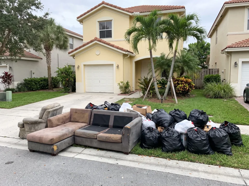 Illustration: a worn sectional sofa, an armchair and bagged junk piled at the curb at a pale yellow Fontainebleau townhome with a small front garage and young palms, soft overcast light
