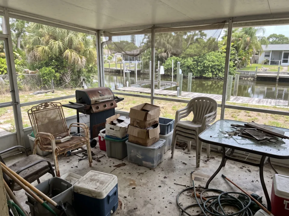 Illustration: an old wooden boat dock on a calm South Florida canal behind a waterfront home, gray weathered boards, mangroves and other docks across the water.