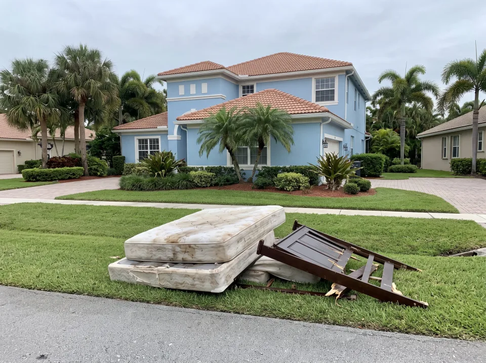 Illustration: an old stained mattress, a box spring and a broken bed frame left on the grass swale at a sky blue two-story home in a Davie gated community with manicured landscaping, terracotta tile roof, soft overcast light