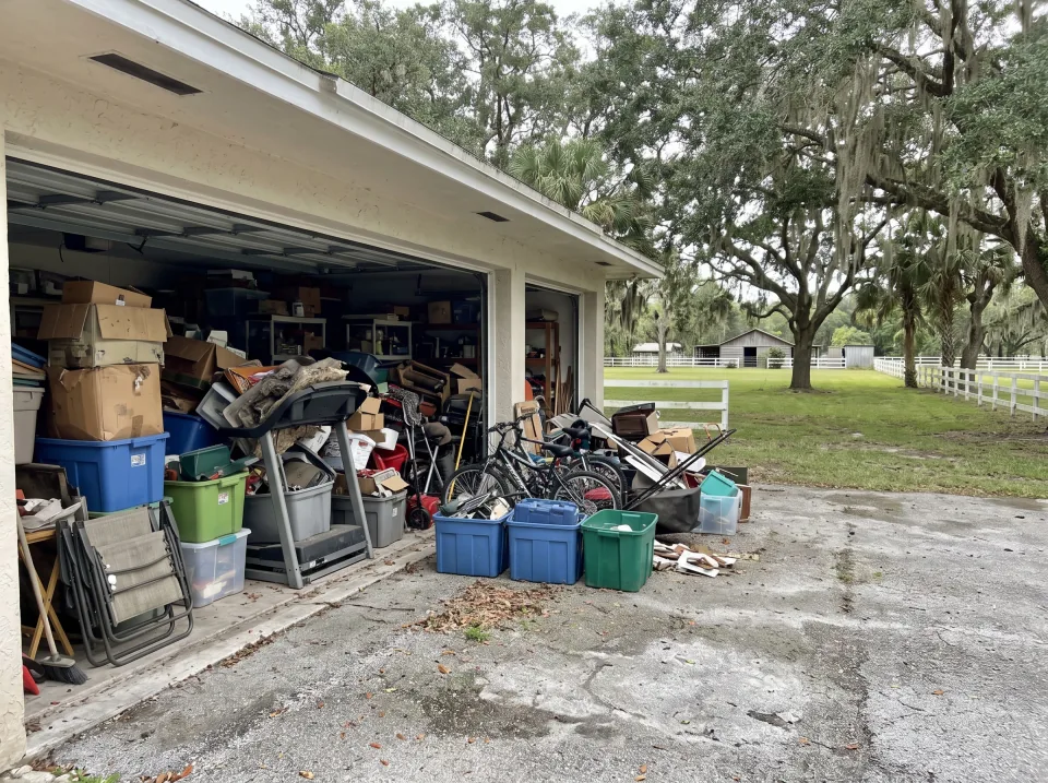 Illustration: a garage packed with boxes, an old treadmill, bikes and storage bins on a large Davie country lot with white horse fencing, oak trees and a barn, soft overcast light