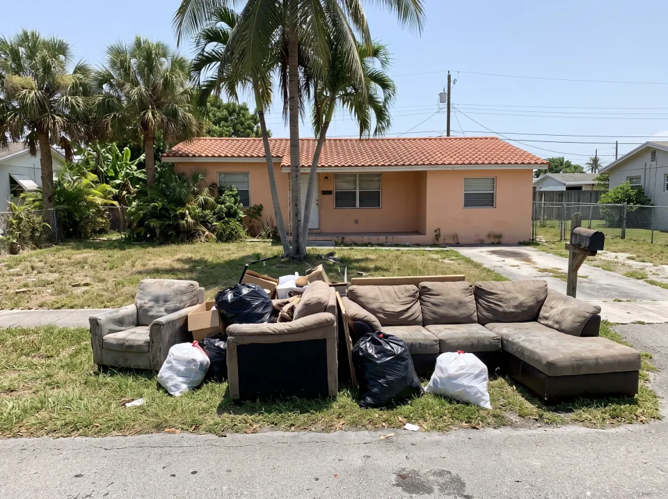 Illustration: a worn sectional sofa, an armchair and bagged junk piled at the curb at a soft peach single-story Golden Glades concrete block home with a barrel tile roof and palm trees, clear midday sun