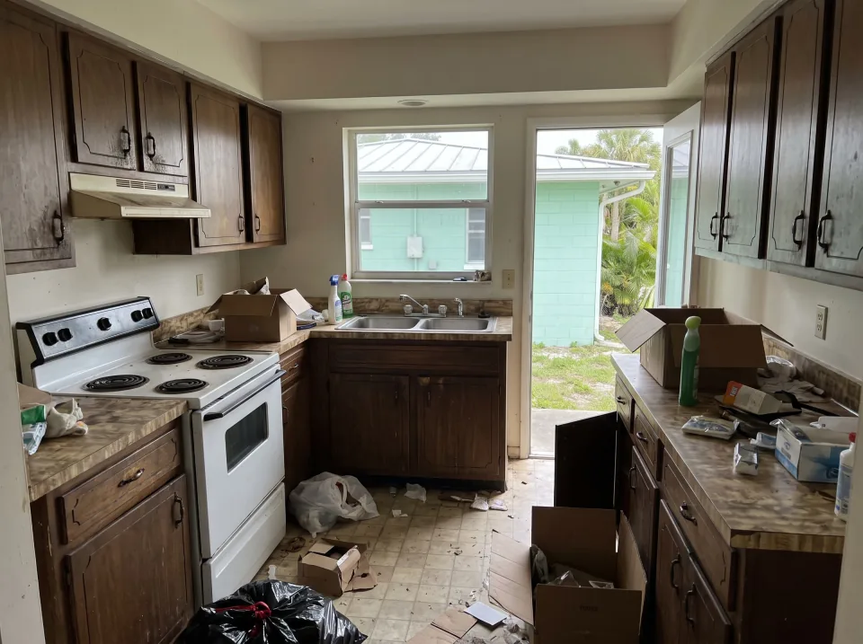 Illustration: a dated kitchen with old wood cabinets, laminate counters and a white stove at a mint green single-story Golf concrete block home with a standing-seam metal roof and palm trees, soft overcast light