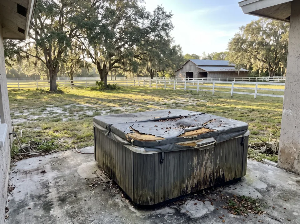 Illustration: an old weathered hot tub with a torn cover on the back patio on a large Davie country lot with white horse fencing, oak trees and a barn, bright morning light