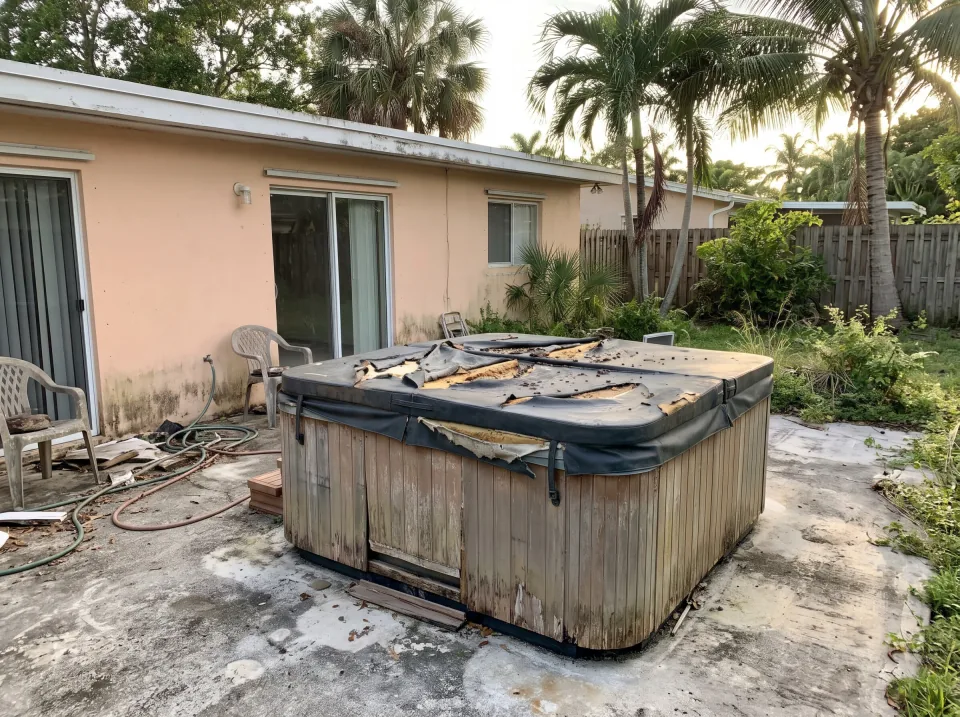 Illustration: an old weathered hot tub with a torn cover on the back patio at a soft peach single-story Fort Lauderdale concrete block home with a flat white roof and palm trees, warm late-afternoon light