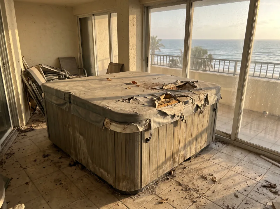 Illustration: an old weathered hot tub with a torn cover on the back patio inside a Hollywood beachside condo unit with ocean view through sliding glass doors, warm late-afternoon light