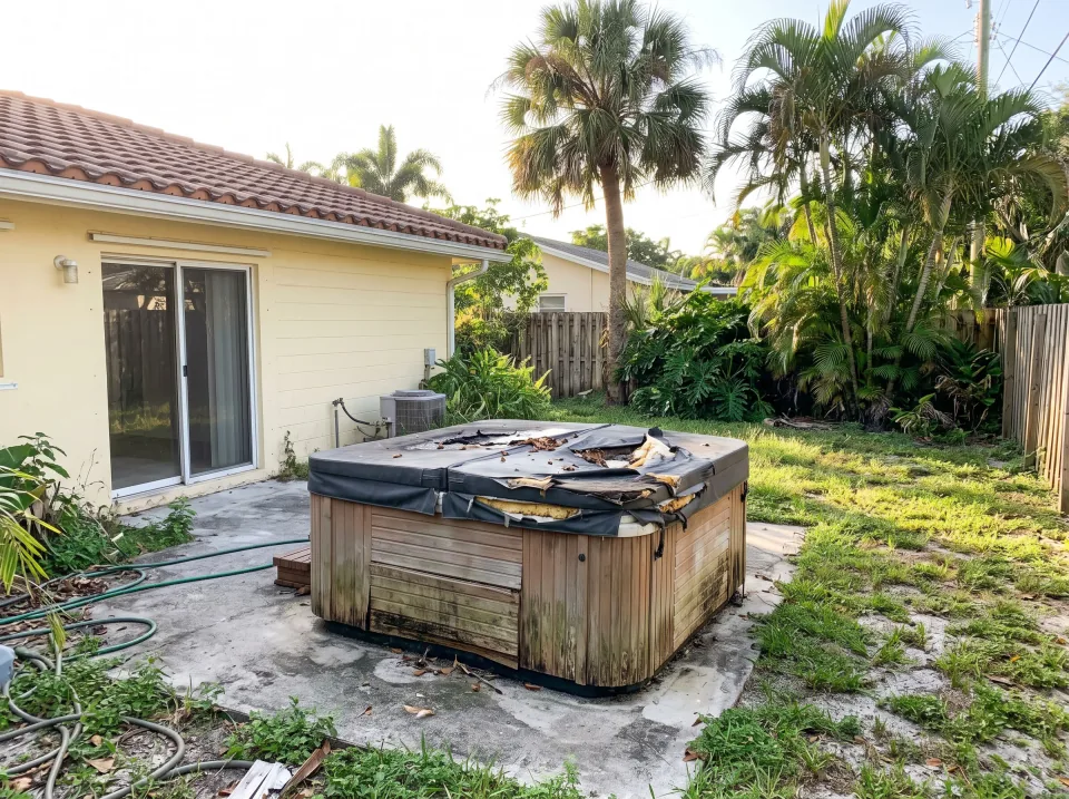 Illustration: an old weathered hot tub with a torn cover on the back patio at a pale yellow single-story Weston concrete block home with a terracotta tile roof and palm trees, bright morning light