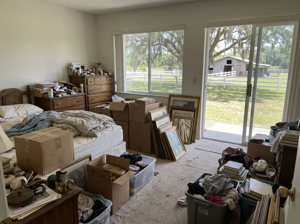 Illustration: a bedroom full of a lifetime of belongings: a bed, dresser, boxes and framed pictures on a large Davie country lot with white horse fencing, oak trees and a barn, clear midday sun
