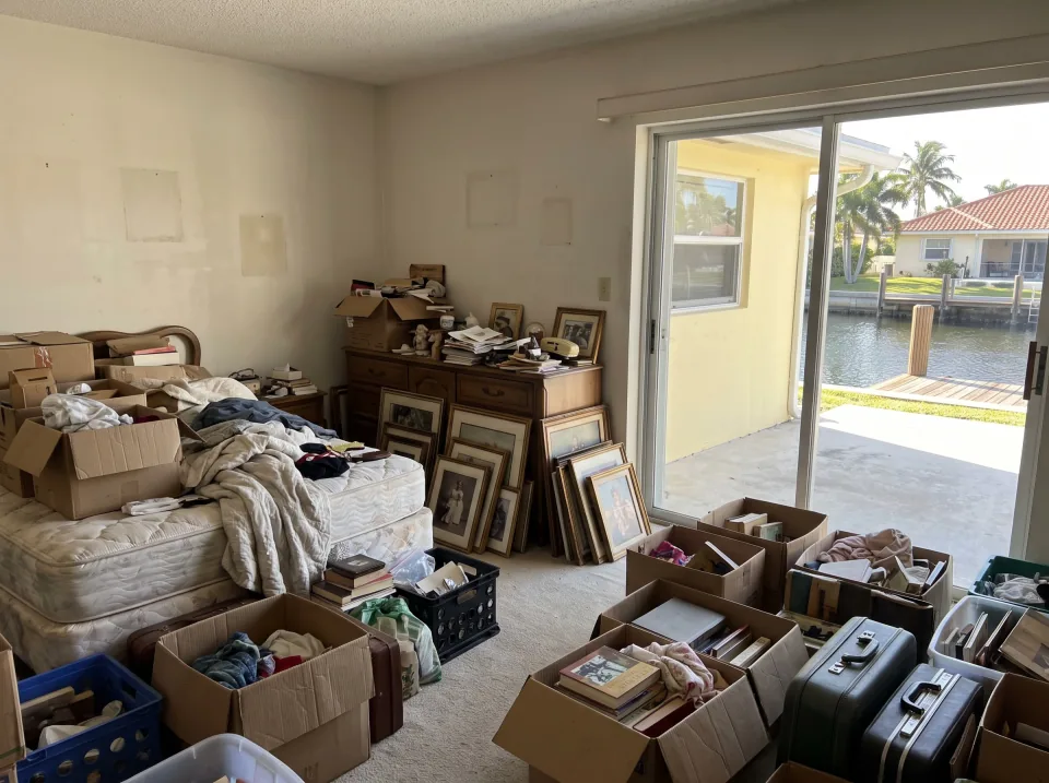 Illustration: a bedroom full of a lifetime of belongings: a bed, dresser, boxes and framed pictures at a pale yellow Fort Lauderdale canal-front home with a boat dock and calm water, barrel tile roof, bright morning light