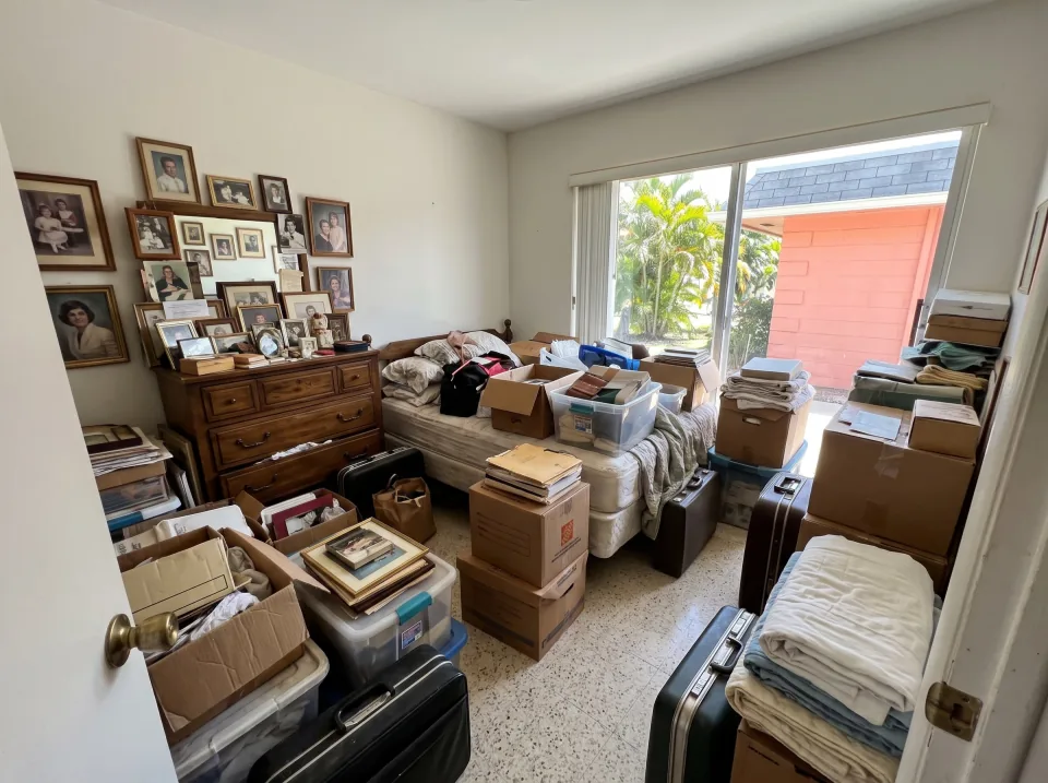 Illustration: a bedroom full of a lifetime of belongings: a bed, dresser, boxes and framed pictures at a coral pink single-story Pembroke Pines concrete block home with a gray shingle roof and palm trees, clear midday sun