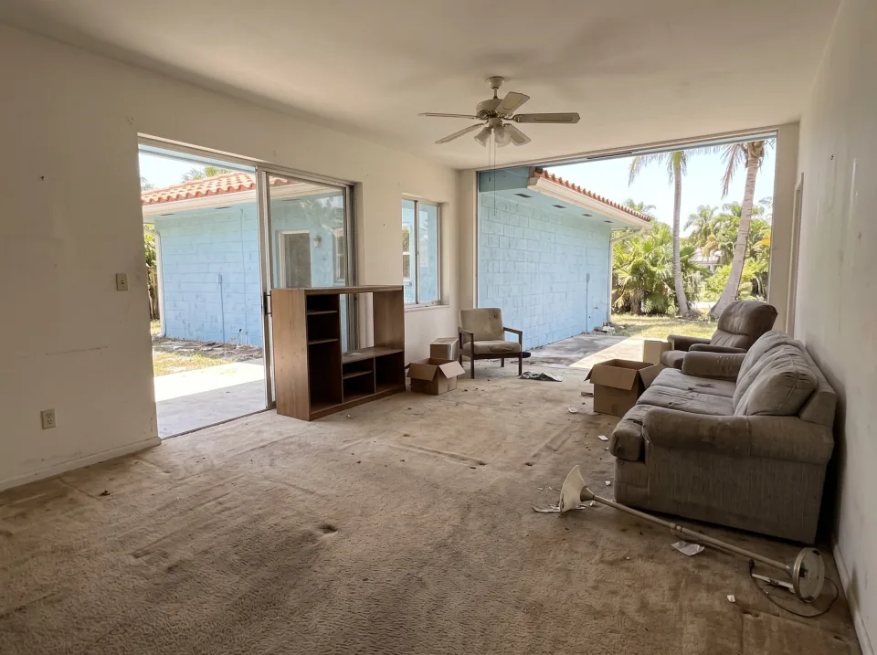 Illustration: a living room with old wall-to-wall carpet and a few leftover pieces of furniture at a sky blue single-story Weston concrete block home with a terracotta tile roof and palm trees, clear midday sun