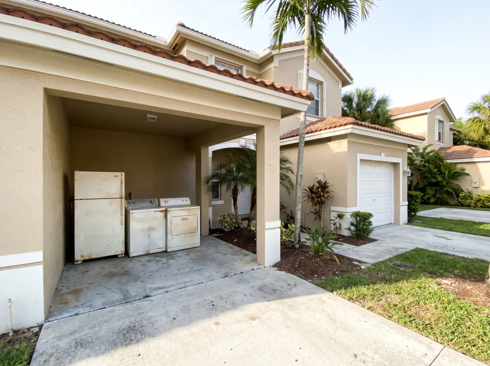 Illustration: an old refrigerator, a washer and a dryer pushed together in the carport at a sand beige Hypoluxo townhome with a small front garage and young palms, bright morning light