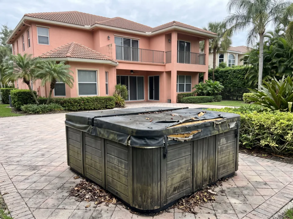 Illustration: an old weathered hot tub with a torn cover on the back patio at a coral pink two-story home in an Indian Creek gated community with manicured landscaping, terracotta tile roof, soft overcast light
