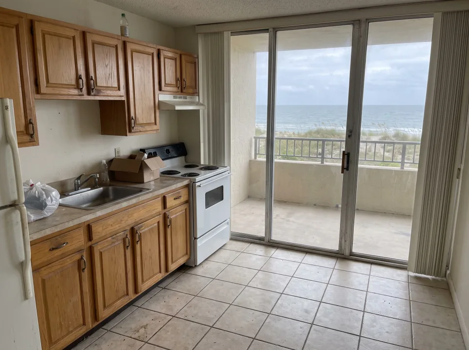 Illustration: a dated kitchen with old wood cabinets, laminate counters and a white stove inside a Juno Beach beachside condo unit with ocean view through sliding glass doors, soft overcast light