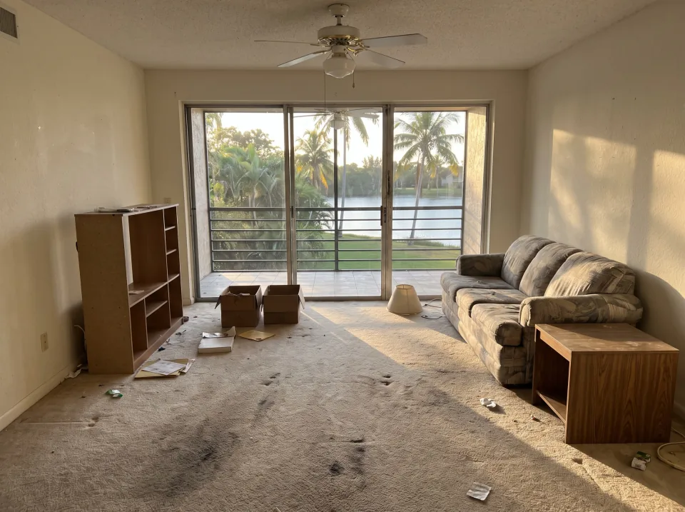 Illustration: a living room with old wall-to-wall carpet and a few leftover pieces of furniture inside a Key Biscayne garden-style condo unit with a screened balcony looking out on palm trees and a lake, warm late-afternoon light
