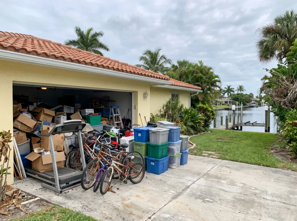 Illustration: a garage packed with boxes, an old treadmill, bikes and storage bins at a pale yellow Lake Clarke Shores canal-front home with a boat dock and calm water, barrel tile roof, soft overcast light