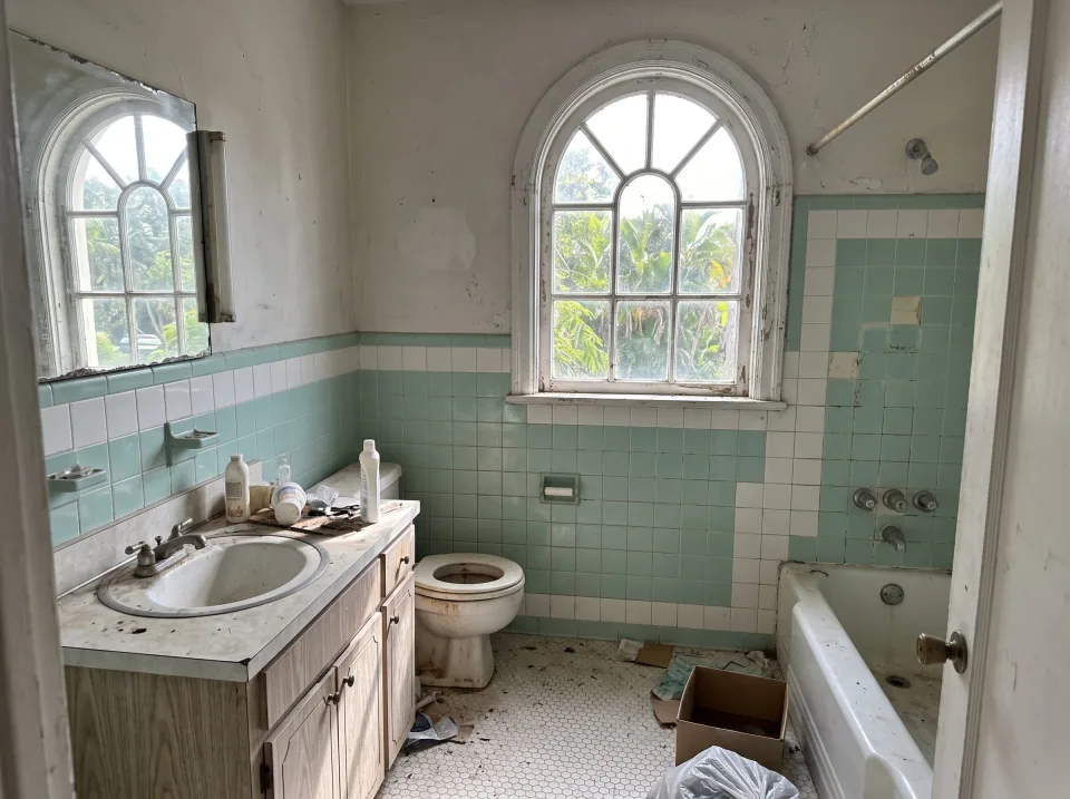 Illustration: a dated tiled bathroom with an old tub, toilet and vanity at a light gray historic Lake Worth Beach home with arched windows, flat white roof and big shade trees, bright morning light