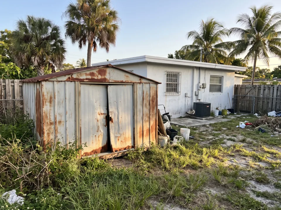 Illustration: a rusted metal garden shed with dented doors in the backyard at a white single-story Lauderhill concrete block home with a flat white roof and palm trees, warm late-afternoon light