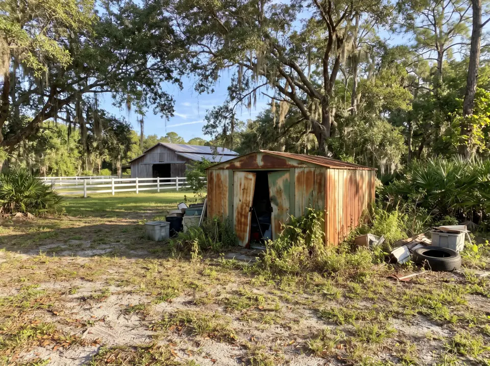 Illustration: a rusted metal garden shed with dented doors in the backyard on a large Loxahatchee Groves country lot with white horse fencing, oak trees and a barn, bright morning light