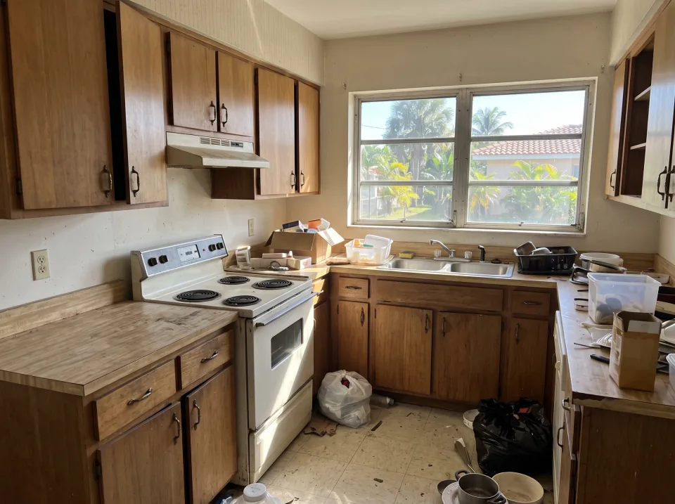 Illustration: a dated kitchen with old wood cabinets, laminate counters and a white stove at a white single-story Mangonia Park concrete block home with a barrel tile roof and palm trees, bright morning light