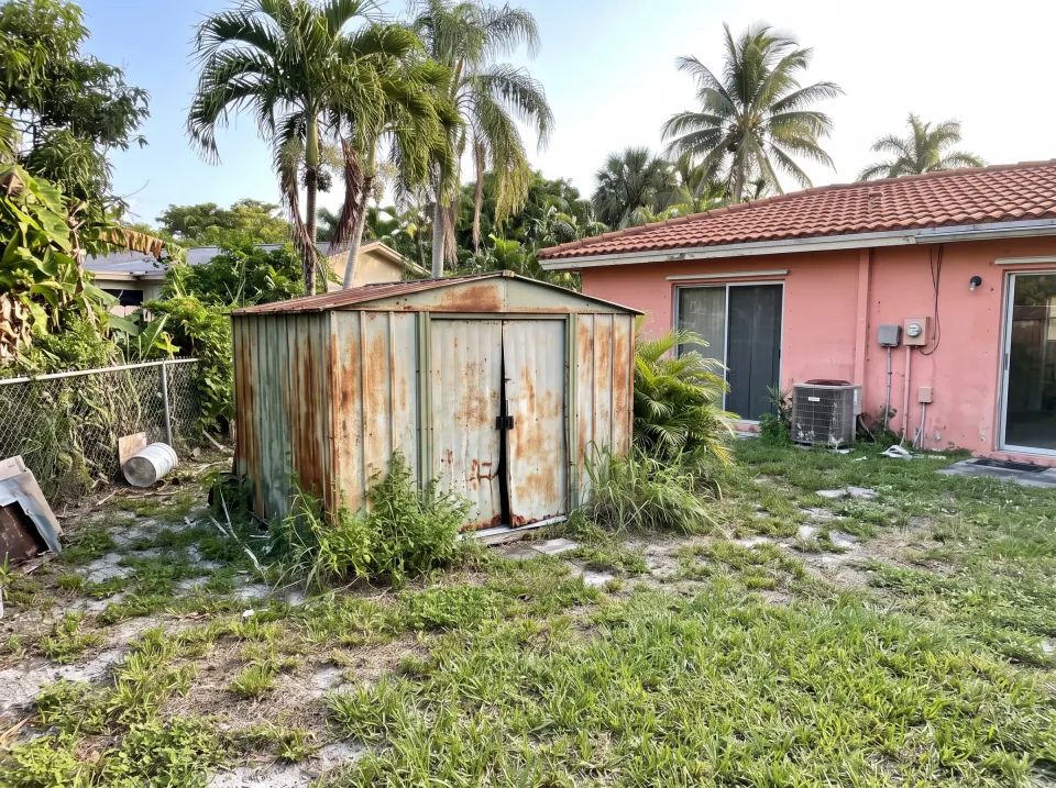 Illustration: a rusted metal garden shed with dented doors in the backyard at a coral pink single-story Margate concrete block home with a terracotta tile roof and palm trees, bright morning light