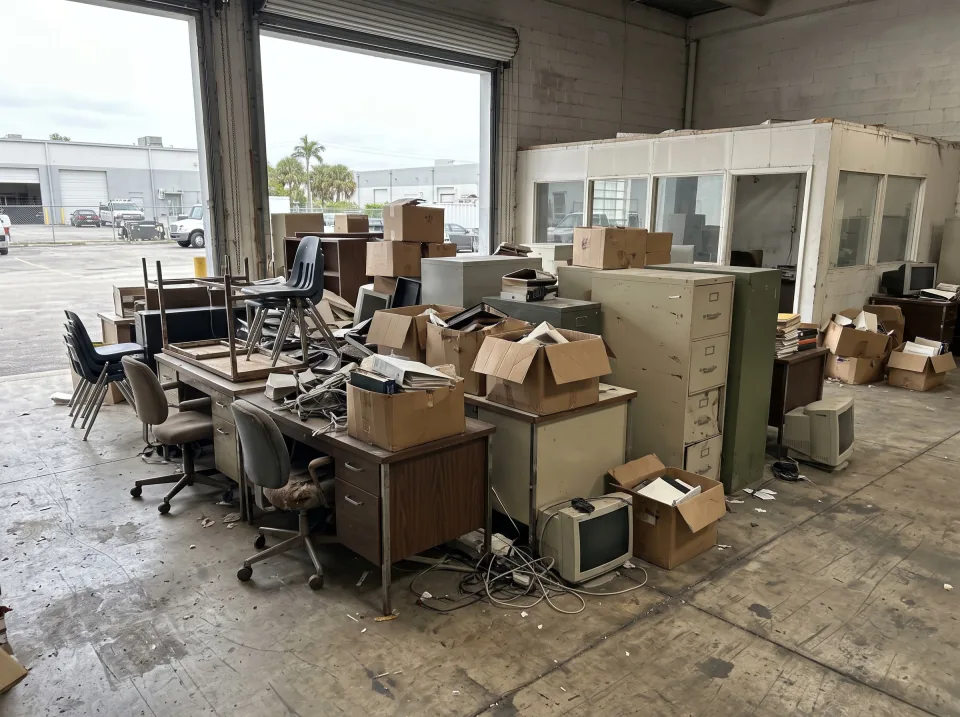 Illustration: an office space full of old desks, chairs, filing cabinets and boxes at a Medley warehouse office space with roll-up doors and a concrete floor, soft overcast light