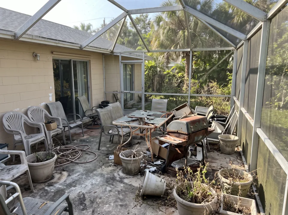 Illustration: a screened patio crowded with faded patio chairs, a broken table, an old grill and planters at a sand beige single-story Miami Shores concrete block home with a gray shingle roof and palm trees, bright morning light