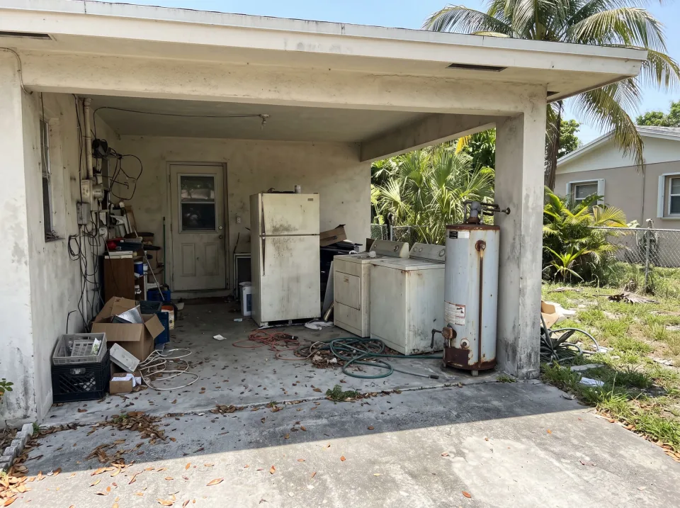 Illustration: a heap of renovation debris, old cabinets, broken drywall, tile and lumber dumped on a Florida driveway next to a house under renovation.