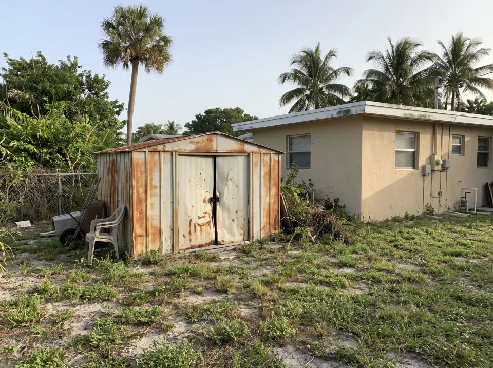 Illustration: a rusted metal garden shed with dented doors in the backyard at a sand beige single-story North Bay Village concrete block home with a flat white roof and palm trees, bright morning light