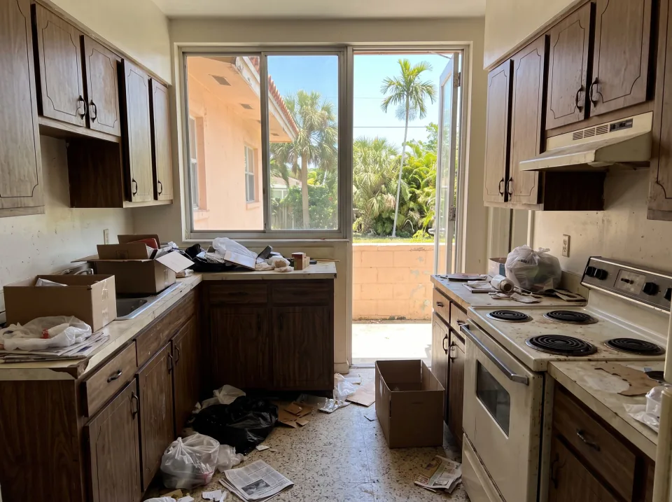 Illustration: a dated kitchen with old wood cabinets, laminate counters and a white stove at a soft peach single-story North Miami concrete block home with a barrel tile roof and palm trees, clear midday sun
