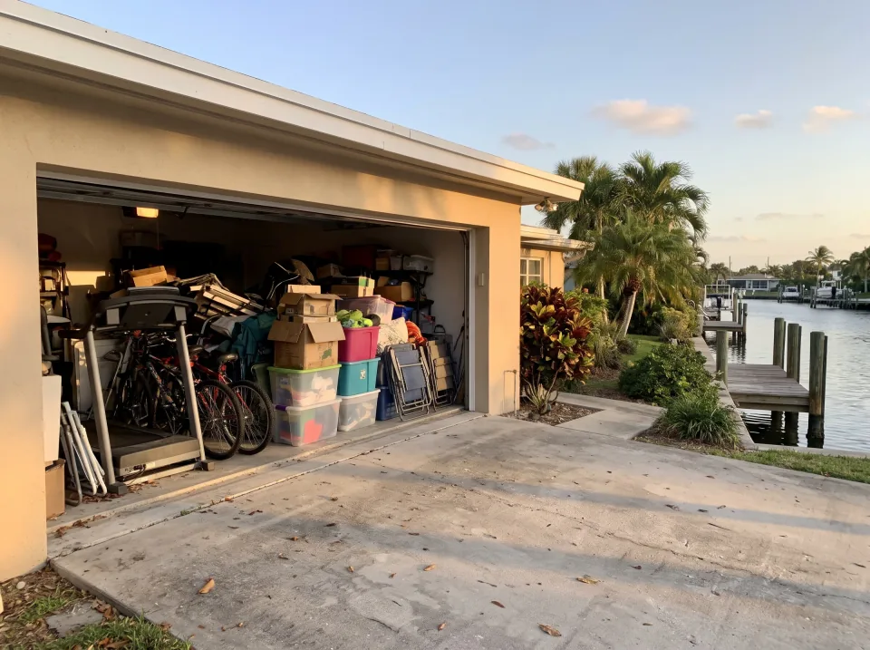 Illustration: a garage packed with boxes, an old treadmill, bikes and storage bins at a sand beige North Palm Beach canal-front home with a boat dock and calm water, flat white roof, warm late-afternoon light