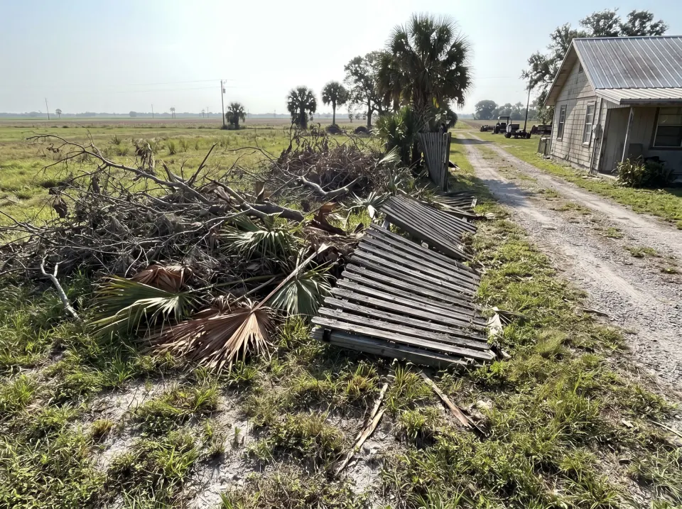Illustration: a side yard full of storm-fallen branches, palm fronds and an old fence section on a Pahokee property with farmland, a long gravel drive and a metal-roof house, bright morning light