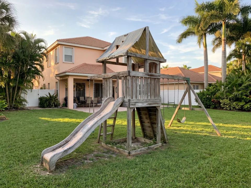 Illustration: a sun-faded wooden swing set and playhouse in the backyard at a soft peach two-story home in a Palm Beach Gardens gated community with manicured landscaping, barrel tile roof, warm late-afternoon light