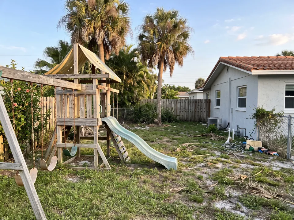 Illustration: a sun-faded wooden swing set and playhouse in the backyard at a light gray single-story Palm Beach Shores concrete block home with a barrel tile roof and palm trees, warm late-afternoon light
